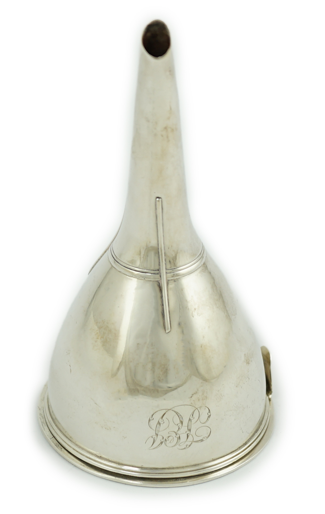 A George III silver wine funnel, with muslin ring, maker's mark rubbed